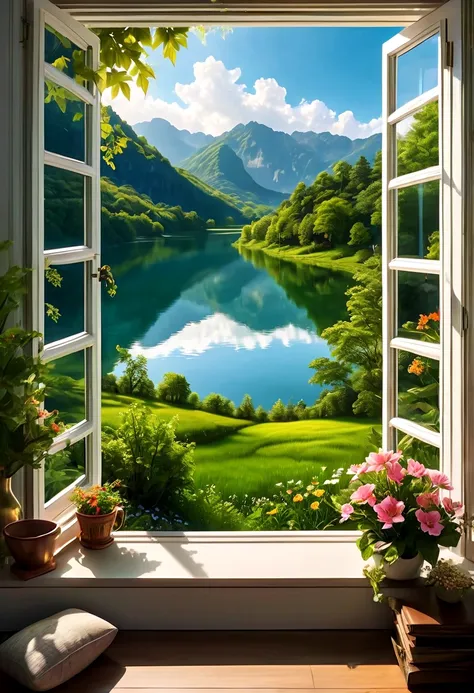 1girl, The View Outside the Window, (4k,8k,highres,:1.2),ultra-detailed,(realistic,photorealistic,photo-realistic:1.37),indoor view,window view,outside scene,outdoor scenery,breathtaking landscape,panoramic view,serene atmosphere,clear blue sky,rolling hil...