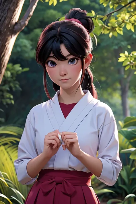 Imagina a Ranma-chan en un momento de calma en medio de un campo de cerezos en flor.. ella esta en su forma femenina, con su largo cabello rojo que fluye atrapando la suave brisa. His eyes express a mix of determination and serenity as he prepares for a ma...