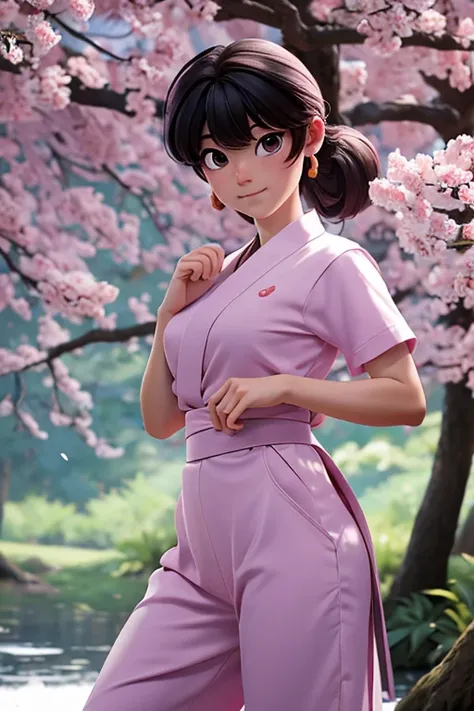 Imagina a Ranma-chan en un momento de calma en medio de un campo de cerezos en flor.. ella esta en su forma femenina, con su largo cabello rojo que fluye atrapando la suave brisa. His eyes express a mix of determination and serenity as he prepares for a ma...