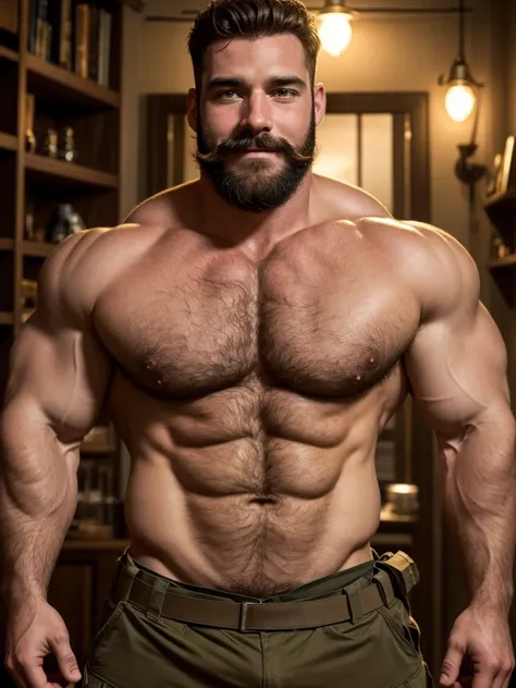 A sexy, romantic cinematic scene, Hairy muscular hunk, cute face, an army man, in battlefield, clothes torn, homoerotic roleplay, bare chest, hairy chest, hairy arms, big pecs, hot man, cute smile, well groomed beard and moustache, daddy, dadbody