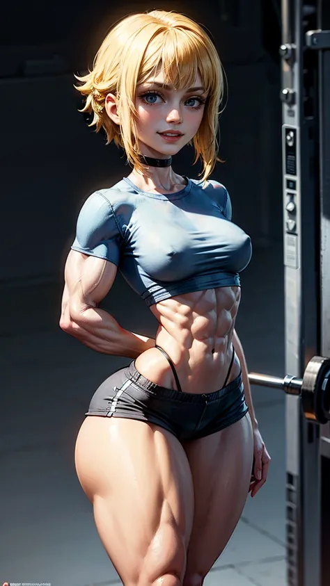 (Muscular:2), (thick thighs:2), 
female, (blonde hair:1.5), blue eyes, blunt bangs, long hair, (big smile:1.6), hard nipples, beauty mark, (small breasts:1.5), (narrow waist), (v-taper:2),
eyeshadow, lipstick, choker, (wearing large gray oversized shirt wo...