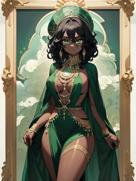 A woman with resplendent black skin, with curly black hair that forms a natural frame, displays emerald green eyes that capture attention. Her body features an elegant slim waist, robust thighs and a delicately , while wearing a stunning Grecian outfit tha...