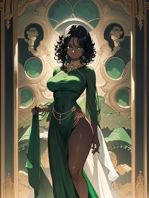 A woman with resplendent black skin, with curly black hair that forms a natural frame, displays emerald green eyes that capture attention. Her body features an elegant slim waist, robust thighs and a delicately , while wearing a stunning Grecian outfit tha...