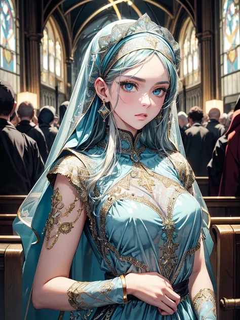 (best quality, high resolution, masterpiece:1.2), Super detailed, Beautiful and delicate lake green eyes, Beautiful and delicate lips, extremely detailed face, super long hair, 1 girl, Beautiful girl with aqua blue hair, Wearing a dark blue nun costume, se...