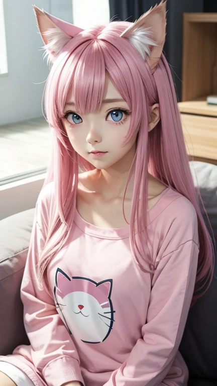 Anime girl half cat in pink with odd eyes