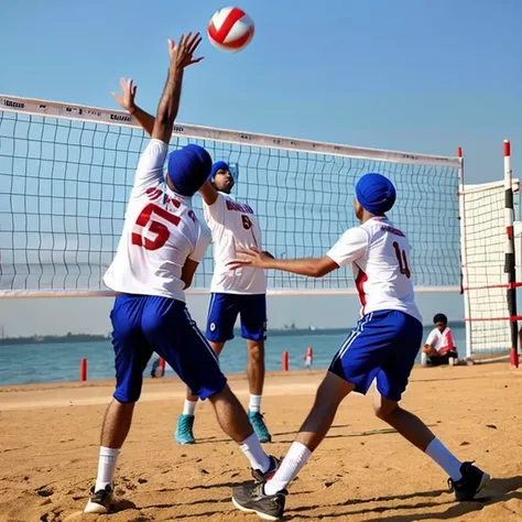 Sikh boys playing volleyball at sea area 