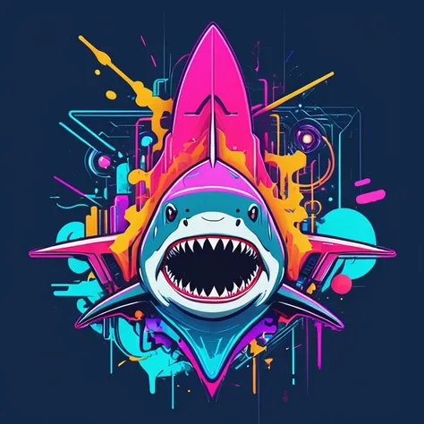 logo, shark, cyberpunk, color full, splash art, vector art,thick lines, glitch art, flat colors, key visual, vibrant, technical drawing, line art, minimalist, masterpiece, 4k, Full HD