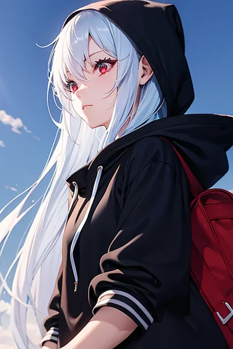 A white girl with long sky blue hair with red eyes and a black hoodie