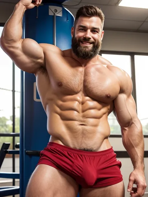 Mature man, best qualities, PE teacher, only panties, red erotic shorts, white socks, bandage on one hand, bad bad, masterpiece, super high resolution, detailed background, reality, illustration, single, 1 boy, muscle man, beard, school, playground, muscle...