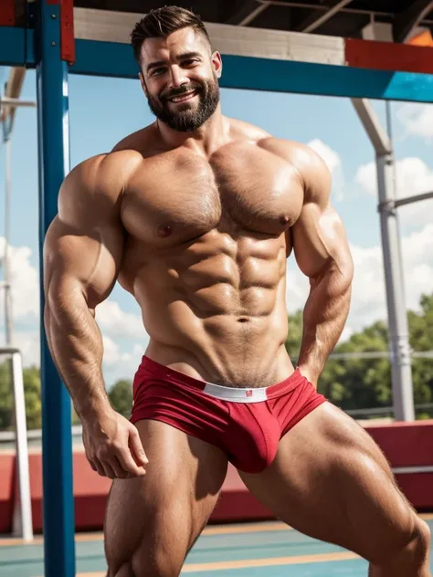 Mature man, best qualities, PE teacher, only panties, red erotic shorts, white socks, bandage on one hand, bad bad, masterpiece, super high resolution, detailed background, reality, illustration, single, 1 boy, muscle man, beard, school, playground, muscle...