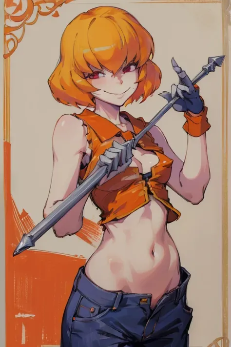 ((highest quality)), ((masterpiece)), (be familiar with),Clementine,Overload,{{nsfw}},Sleeveless shirt,pants,bewitching smile