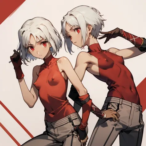 ((highest quality)), ((masterpiece)), (be familiar with), CANAAN, 1 girl, alone, silver hair,brown skin,red eyes,long pants,red sleeveless,Clothes with a visible back, Slender,slender,short hair,small breasts, erect nipples,  No bra, gloves, put your hand ...