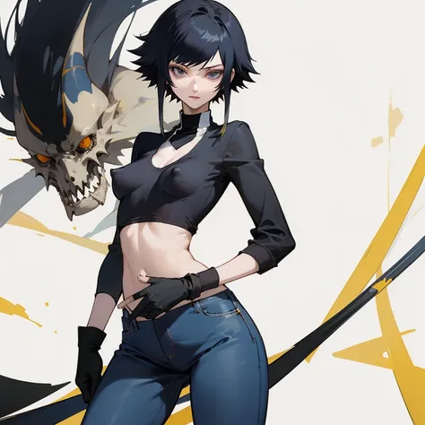 ((highest quality)), ((masterpiece)), (be familiar with),  BLEACH,Soi Fon, 1 girl, alone,  erect nipples, black hair,slanted eyes, Black clothes,jeans, Slender,slender,short hair with long locks, short hair, small breasts, gloves, put your hand on your wai...