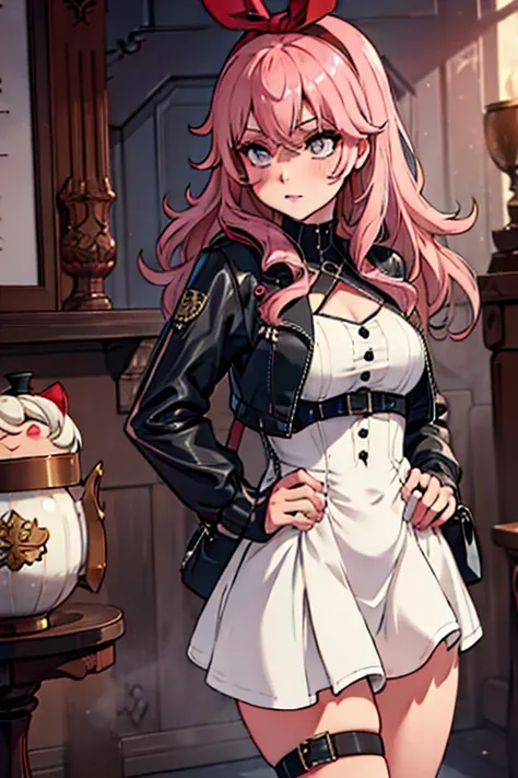 A pink haired woman with violet eyes with an hourglass figure in a cool leather jacket and gothic lolita dress dress is writing in gothic office