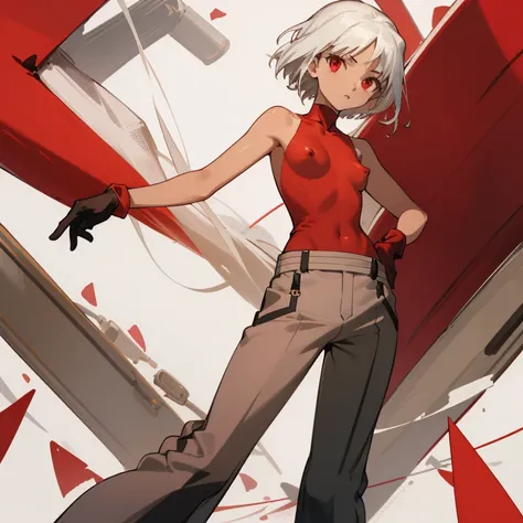 ((highest quality)), ((masterpiece)), (be familiar with), CANAAN, 1 girl, alone, silver hair,brown skin,red eyes,long pants,red sleeveless,Clothes with a visible back, Slender,slender,short hair,small breasts, erect nipples,  No bra, gloves, put your hand ...