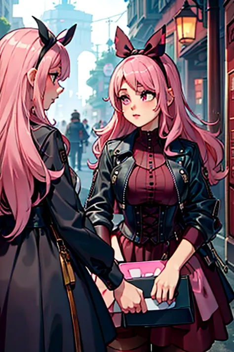 A pink haired woman with violet eyes with an hourglass figure in a cool leather jacket and gothic lolita dress dress is shopping in the marketplace
