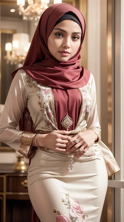 (Best quality, high resolution, masterpiece: 1.3), beautiful Indonesian woman in hijab, tall body, slim body, huge breasts, intricate details, ((almost)), sharp focus, professional, realistic, real life, hyperreal, photorealistic, fine details, best qualit...