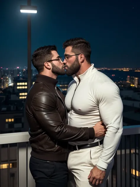 2 man, masterpiece, best quality, highres, close up shot, ultra detailed, ((wide angle)), middle-aged men, daddy, hunk physique, beefy, burly, hairy, manly, really tall, black hair, beard, kissing and hugging each other, sexual, wearing a dark brown jacket...