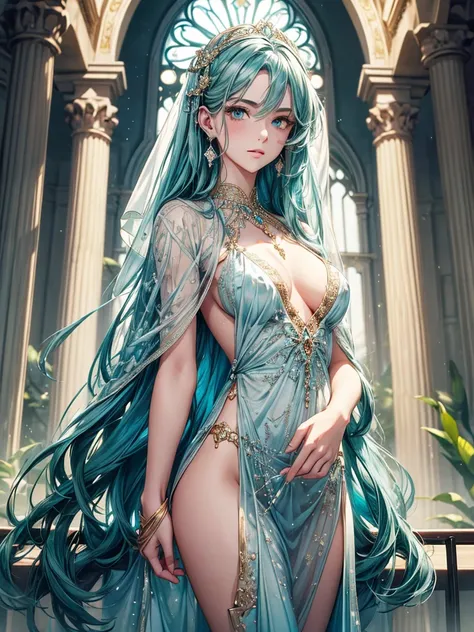 (best quality, high resolution, masterpiece:1.2), Super detailed, Beautiful and delicate lake green eyes, Beautiful and delicate lips, extremely detailed face, super long hair, 1 girl, Beautiful girl with aqua blue hair, Wearing a royal blue royal costume,...