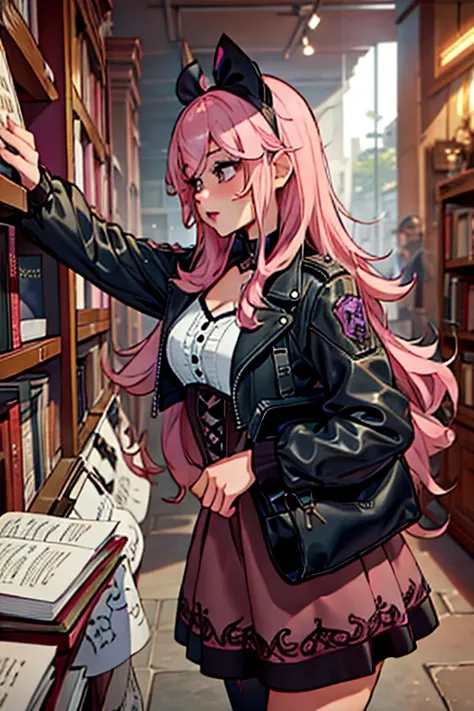 A pink haired woman with violet eyes with an hourglass figure in a cool leather jacket and gothic lolita dress dress is picking out a book in a book store