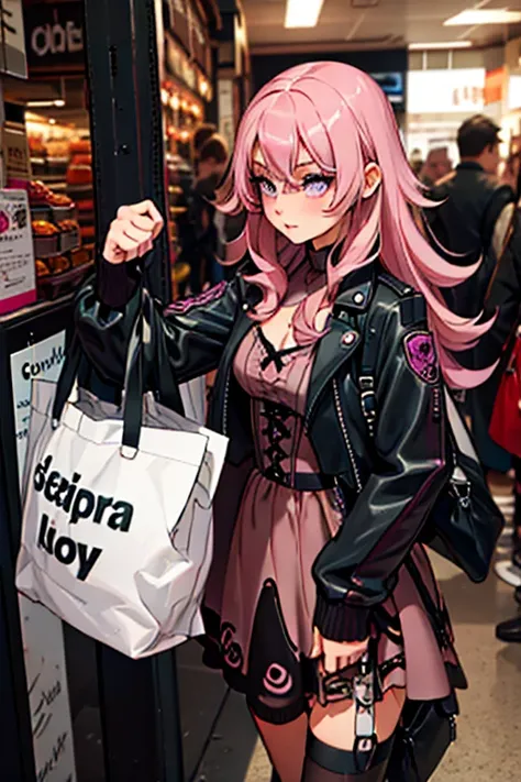 A pink haired woman with violet eyes with an hourglass figure in a cool leather jacket and gothic lolita dress dress is getting groceries