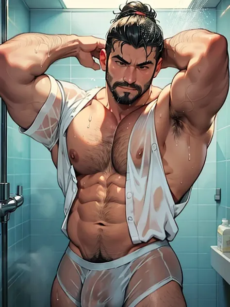 Fat uncle is taking a shower and washing his hair,Shower room,japanes,Fat Man,Metabo,I have a big stomach,Less hair on the top of the head,mustache,Body hair is thick,Sweating,Wearing a white shirt,The shirt is wet and sheer,Wearing black sexy boxer briefs...