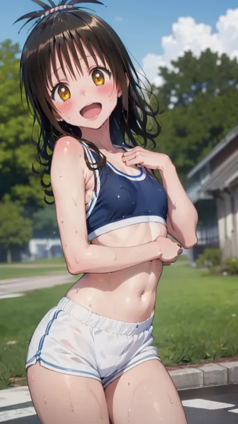 1 female,black hair,((12 years old)),(((white and blue sports bra and shorts)))(((blush、open mouth smile)),(((yuki mikan))),crow...