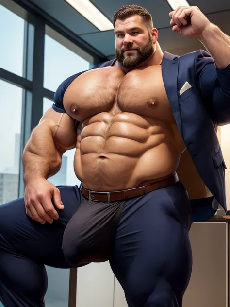 big beefy muscle man in his 40s with big butt and giant crotch bulge in business suit