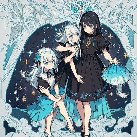 vtuber anime design, ojos amarillos, vestido de bruja negro con adornos florales, pelo muy largo y azul, con flequillo recto, tiene cuernos de demonio. Esta en un bosque brondoso, con un amanecer precioso en el fondo