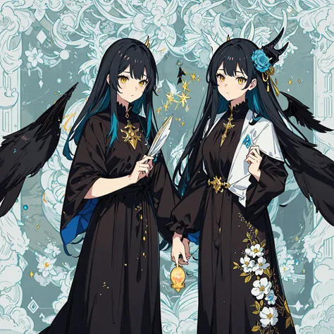 Anime vtuber design, yellow eyed, black witch dress with floral decorations, very long blue hair, with straight bangs, has demon horns. She is in a misty forest, with a beautiful sunrise in the background.
