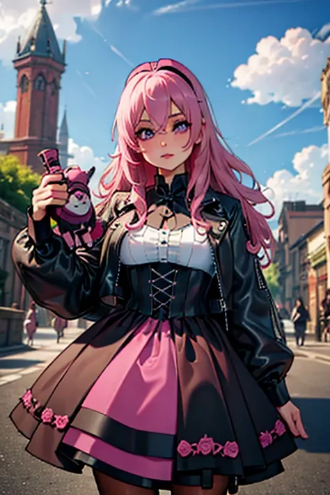 A pink haired woman with violet eyes with an hourglass figure in a cool leather jacket and gothic lolita dress dress is holding a peony
