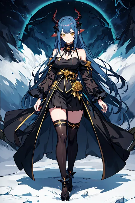 Anime witch vtuber design, yellow eyed, black dress with floral decorations, very long blue hair, with straight bangs, has demon horns. She is in a misty forest, with a beautiful sunrise in the background.
