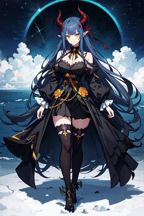 Anime witch vtuber design, yellow eyed, black dress with floral decorations, very long blue hair, with straight bangs, has demon horns. She is in a misty forest, with a beautiful sunrise in the background.
