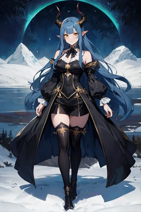 Anime witch vtuber design, yellow eyed, black dress with floral decorations, very long blue hair, with straight bangs, has demon horns. She is in a misty forest, with a beautiful sunrise in the background.
