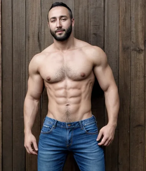  male, vaquero musculoso,  rostro, realista, foto cuerpo completo naked con jeans, barba corta. Alejo ospina.  