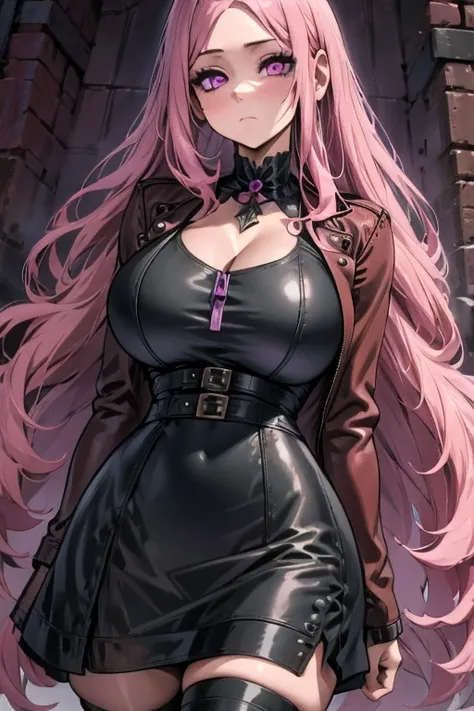 A pink haired woman with violet eyes with an hourglass figure in a cool leather jacket and gothic lolita dress dress is smelling a rose
