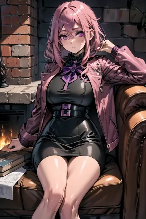 A pink haired woman with violet eyes with an hourglass figure in a cool leather jacket and gothic lolita dress dress is  reading a book by a fireplace