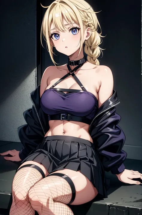 White haired girl, punk rock outfit, black crop top band tee with open collar and cheat harness underneath, midriff showing, thong strings, black pleated skirt, fishnet stockings, updo hairstyle, long hair, dark eye makeup, purple eyes, sitting, updo_hairs...