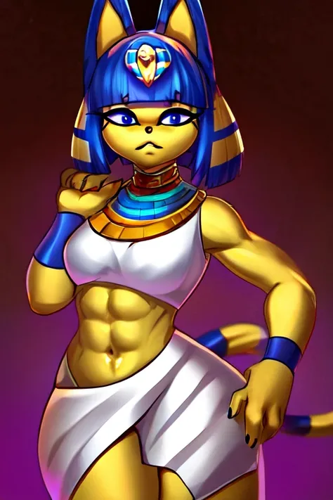 ((best quality)), ((masterpiece)), (detailed), perfect face, a digital artwork of Ankha with abs wearing a crop top of her white outfit with a bare midriff and a bare navel 