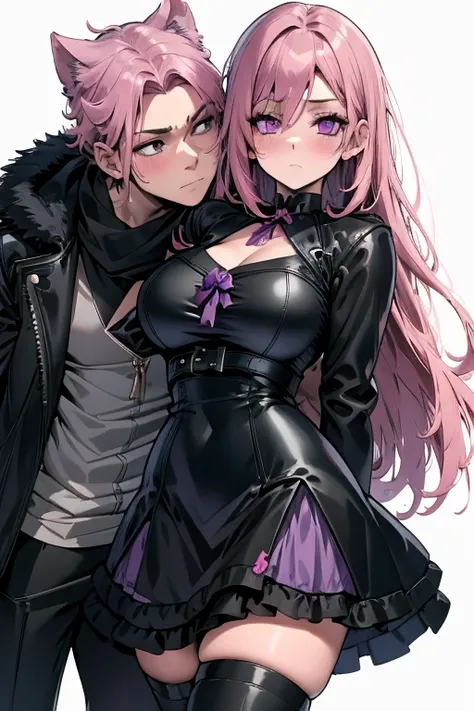 A pink haired woman with violet eyes with an hourglass figure in a cool leather jacket and gothic lolita dress dress is kissing a fluffy black dog