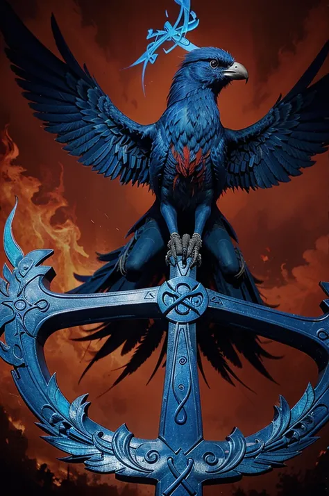 Blue flames Phoenix bird holding a Celtic cross over a bloody red background 