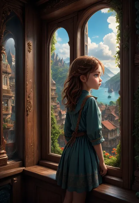 1girl, The View Outside the Window, The view through a window to a magical world, Epic cinematic brilliant stunning intricate meticulously detailed dramatic atmospheric maximalist digital matte painting . masterpiece, best quality, very aesthetic, absurdre...