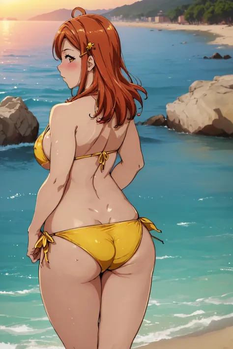 (highest quality,4k,8K,High resolution,masterpiece:1.2), Super detailed, sunset , from behind , big breasts, takami chika, (Yellow side-tie micro bikini), blush, thighs, cowboy shot, hair ornaments, background sea,Wet, buttの亀裂,butt