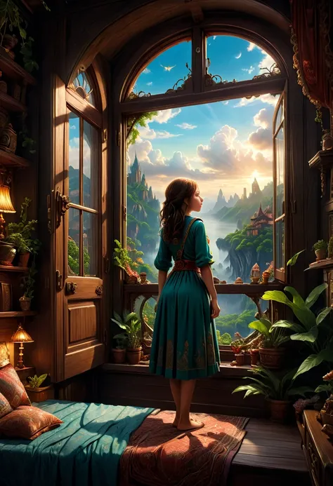 1girl, The View Outside the Window, The view through a window to a magical world, Epic cinematic brilliant stunning intricate meticulously detailed dramatic atmospheric maximalist digital matte painting . masterpiece, best quality, very aesthetic, absurdre...