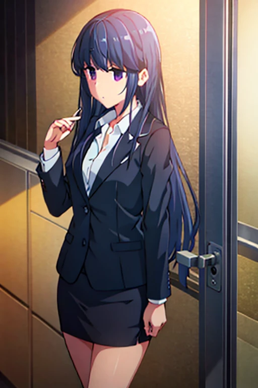 1girl, rin shima, purple eyes, suit, office lady, black skirt, black blazer, pencil skirt, white shirt, collared shirt, long hair, teenager, looking at viewer, full body, sad face