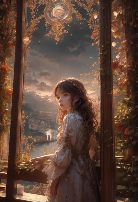 1girl, The View Outside the Window, The view through a window to a magical world, Epic cinematic brilliant stunning intricate meticulously detailed dramatic atmospheric maximalist digital matte painting . masterpiece, best quality, very aesthetic, absurdre...