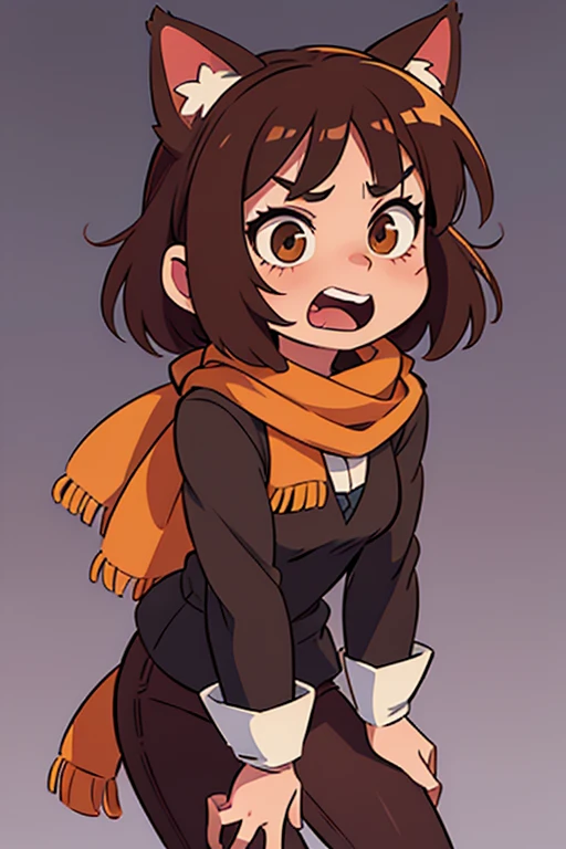 A catgirl with brown hair and a funny expression, wearing dark clothes and a scarf.