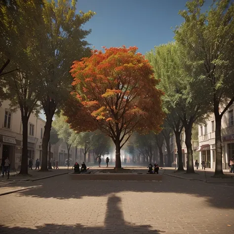 Film an image of a tree-lined square with fire in the environment, very detailed with people