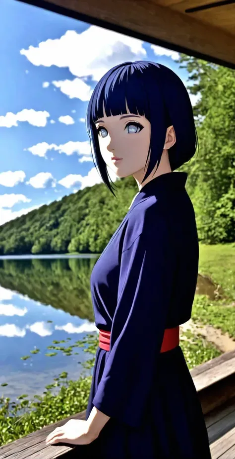 close-up from side, (30 years old adult-Hinata) walk next to lake, [enchanting, surreal, studio lighting, HDR, UHD, K]