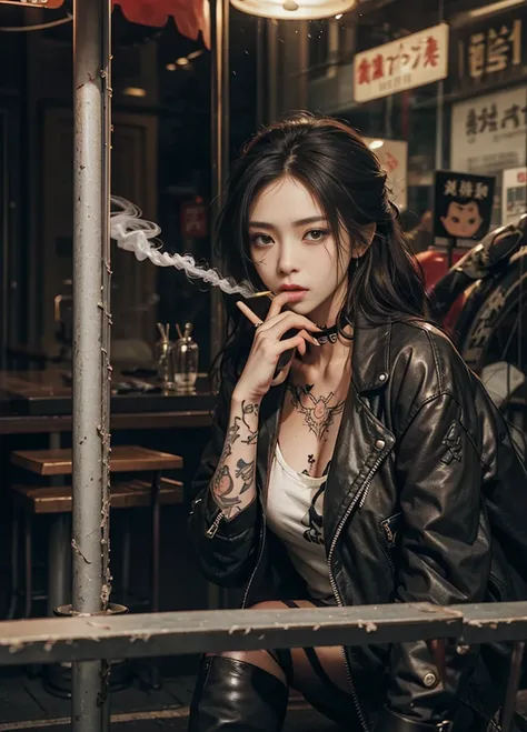 arafed woman with tattoos smoking a cigarette in a carousel, (( smoking a cigarette)), Smoke from cigarettes、Cai Xukun, ((wearing boots)), Cai Xukun, of taiwanese girl with tattoos, Inspired by Elsa Breda, Written by Emma Andijewska, with tattoos, tattooed...